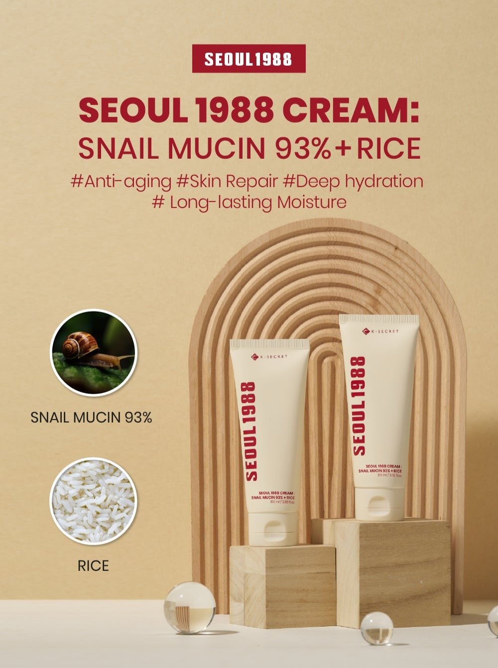 K-SECRET Seoul 1988 Cream: Snail Mucin 93% + Rice 100ml