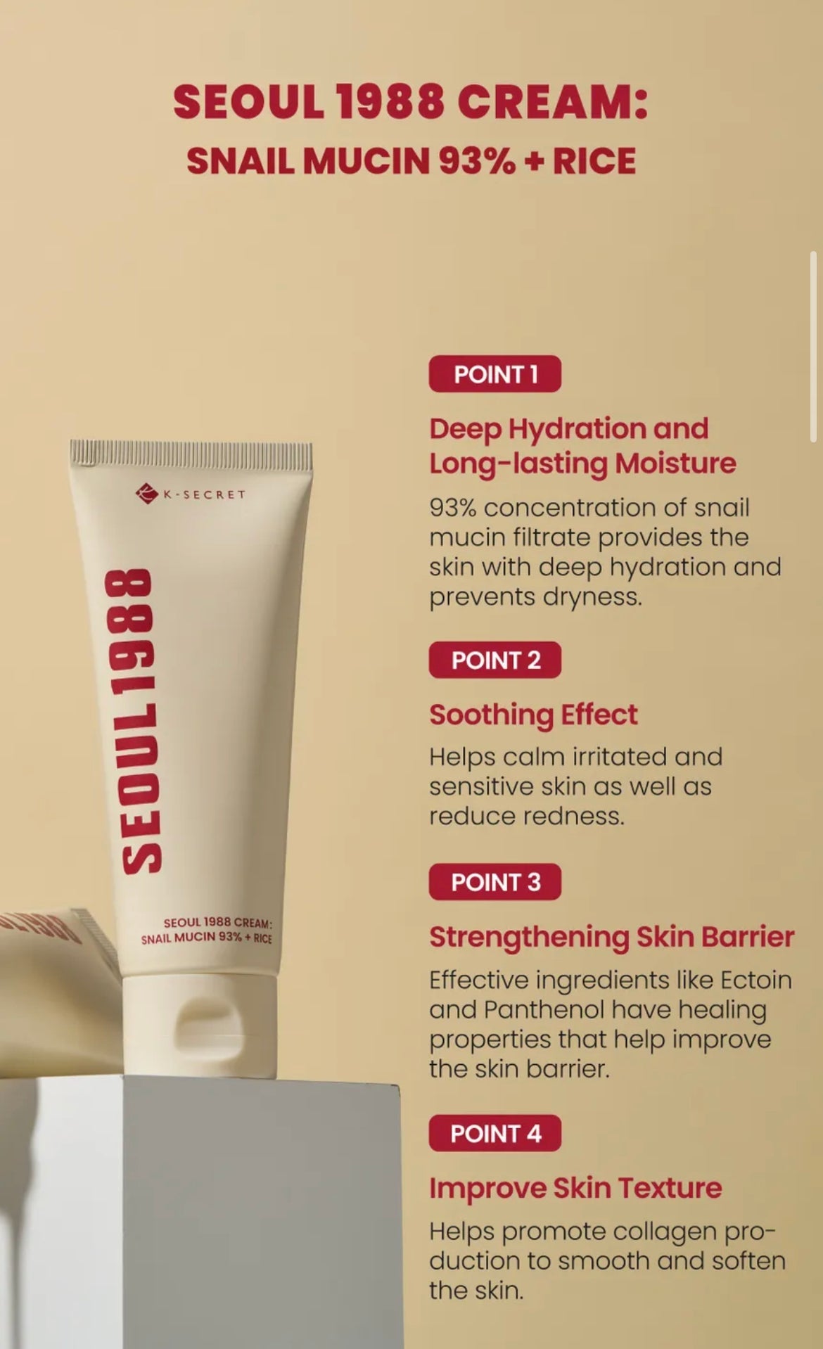 K-SECRET Seoul 1988 Cream: Snail Mucin 93% + Rice 100ml
